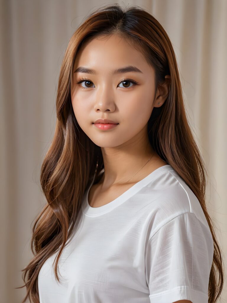 a (((stunningly elegant and cute long, straight hazelnut hair)))-tressed Asian (((teen girl))) with a (((realistically detailed angelic round face))) and (((realistically detailed hazelnut eyes))) looking pensively at the camera in a (((perfectly drawn portrait shot))) against a (((flawlessly detailed, realistic skin color))) backdrop, wearing a (super short, tight ((white t-shirt made on thin silk))), her flawless form elegantly framed by a side perspective, without any (background details)