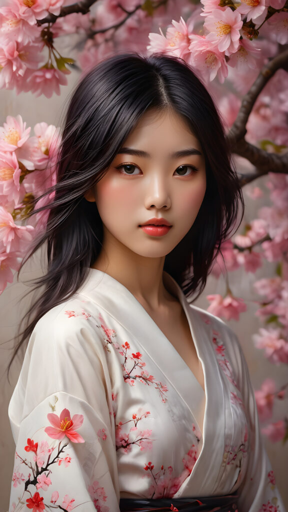 a stunningly beautiful (((Japanese teen model girl))) with (((soft straight black hair, the long hair falls down to her waist))), exuding a (((vividly realistic glow))) that gives off an air of (((ethereal innocence))), her (((detailed, angelic face))) radiating joyful excitement, framed by a (((cherry blossom backdrop))) consisting of (((subtle, elegant patterns))), a (((soft, empty canvas))). She is captured in a (((portrait shot))), with a flawlessly proportioned figure and (((minimalist clothing))) that accentuates every curve, embodying an (((effortless beauty)))