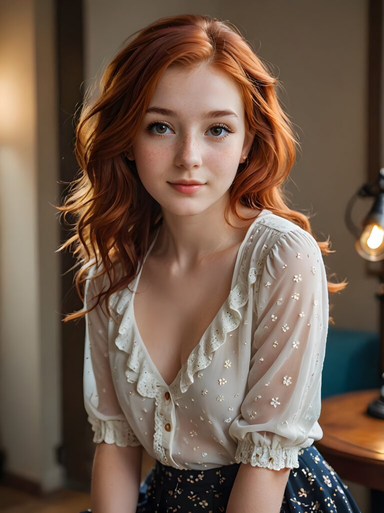 a stunningly beautiful (((teen girl))), with gorgeous, flowing (((soft red hair))), intricate freckles dotting her skin at 0.6 opacity, dressed in a (((low cut blouse))), its vibrant colors complementing her warm complexion, paired with a (micro skirt) that gracefully swishes around her legs, all set against the backdrop of a (darkened room), where she sits confidently, her face alive with an inviting smile and piercingly poignant eyes, under a high dynamic range that accentuates every intricate detail, from the brilliant shadows to the luminous highlights, creating a portrait that is both realistically advanced and incredibly advanced