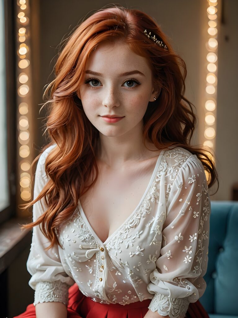 a stunningly beautiful (((teen girl))), with gorgeous, flowing (((soft red hair))), intricate freckles dotting her skin at 0.6 opacity, dressed in a (((low cut blouse))), its vibrant colors complementing her warm complexion, paired with a (micro skirt) that gracefully swishes around her legs, all set against the backdrop of a (darkened room), where she sits confidently, her face alive with an inviting smile and piercingly poignant eyes, under a high dynamic range that accentuates every intricate detail, from the brilliant shadows to the luminous highlights, creating a portrait that is both realistically advanced and incredibly advanced