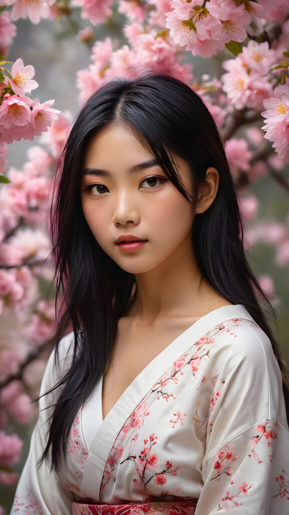 a stunningly beautiful (((Japanese teen model girl))) with (((soft straight black hair, the long hair falls down to her waist))), exuding a (((vividly realistic glow))) that gives off an air of (((ethereal innocence))), her (((detailed, angelic face))) radiating joyful excitement, framed by a (((cherry blossom backdrop))) consisting of (((subtle, elegant patterns))), a (((soft, empty canvas))). She is captured in a (((portrait shot))), with a flawlessly proportioned figure and (((minimalist clothing))) that accentuates every curve, embodying an (((effortless beauty)))