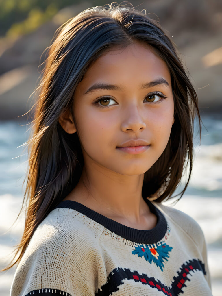 a stunningly detailed and realistic side view image of a (((beautiful, young Indigenous teen girl))), 13 years old with full, shoulder-length, shiny, soft black and straight hair framing her face in gentle waves. Her brown eyes reflect the light, and her skin is a luminous mix of light and dark browns. She wears a thin wool sweater that falls just below her shoulders, revealing a wonderfully shaped body that draws the eye. Her expression is one of seduction, as if inviting the viewer to take in every exquisite detail