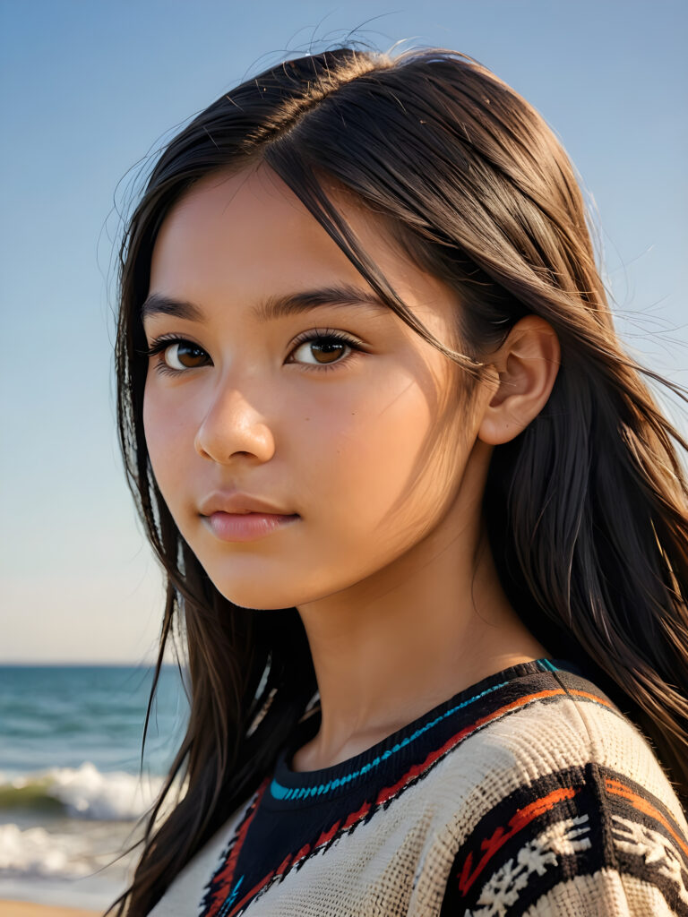 a stunningly detailed and realistic side view image of a (((beautiful, young Indigenous teen girl))), 13 years old with full, shoulder-length, shiny, soft black and straight hair framing her face in gentle waves. Her brown eyes reflect the light, and her skin is a luminous mix of light and dark browns. She wears a thin wool sweater that falls just below her shoulders, revealing a wonderfully shaped body that draws the eye. Her expression is one of seduction, as if inviting the viewer to take in every exquisite detail