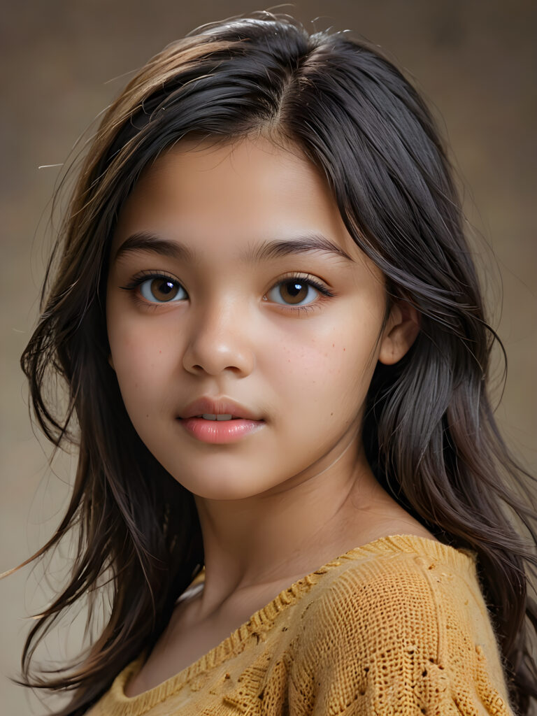 a stunningly detailed and realistic side view image of a (((beautiful, young Exotic teen girl))), 13 years old with full, shoulder-length, shiny, soft black and straight hair framing her face in gentle waves. Her brown eyes reflect the light, and her skin is a luminous mix of light and dark browns. She wears a thin wool sweater that falls just below her shoulders, revealing a wonderfully shaped body that draws the eye. Her expression is one of seduction, as if inviting the viewer to take in every exquisite detail