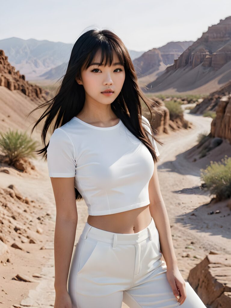 a stunningly realistic and detailed (((photograph))), capturing a Asian teenage girl with luxuriously long, sleek straight black soft hair, bangs, and a flawlessly proportioned, lean physique, ((clad in a minimalist, short-sleeve white crop top that accentuates her curves)), against the backdrop of a weathered, stone-strewn desert landscape