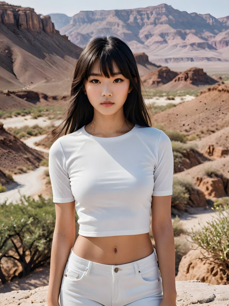 a stunningly realistic and detailed (((photograph))), capturing a Asian teenage girl with luxuriously long, sleek straight black soft hair, bangs, and a flawlessly proportioned, lean physique, ((clad in a minimalist, short-sleeve white crop top that accentuates her curves)), against the backdrop of a weathered, stone-strewn desert landscape