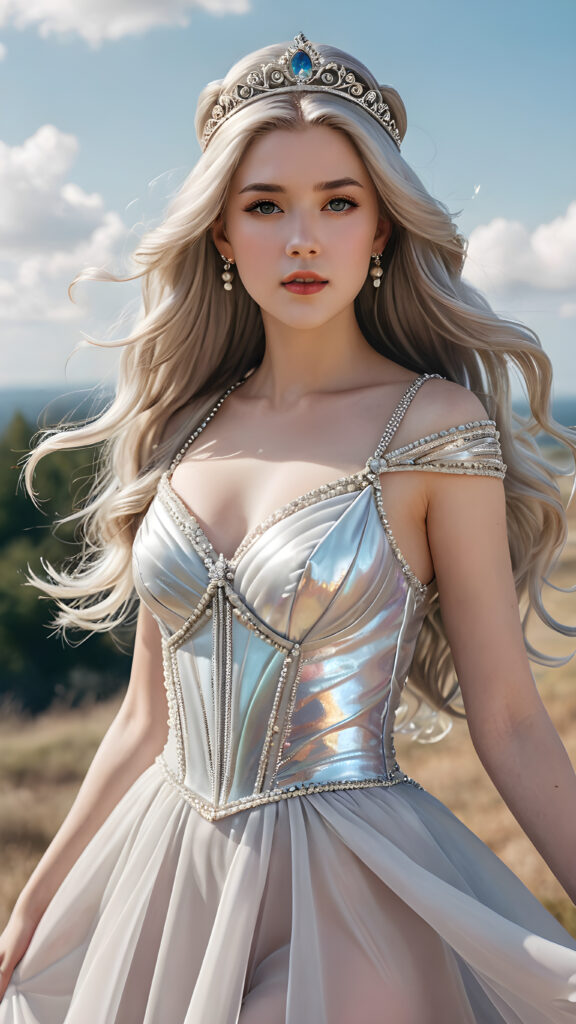 a stylized drawing of an elegant (((adult princess of the Element of Wind))), with gray eyes and pale, porcelain skin. Her long (((translucent, iridescent hair))) is swirling in a windy sky backdrop, complemented by a (((silver tiara))). She’s dressed in a (((windy pearlescent dress in white))), with a forlorn expression that suggests heartbreak and sorrow. Anatomically accurate details elevate this advanced prompt to a level of ethereal beauty that's both visually pleasing and emotionally evocative