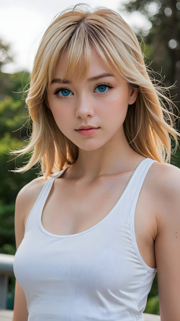 a (((super realistic 4K-detailed face))), with a perfectly curved and (((cute Japanese teen girl))) silhouette, sporting long, flowing blonde bangs and bright blue (((eyes))), dressed in a sleek, yet playful, (((white short, tight tank top))), looking directly into the camera, in a serene and confident portrait pose