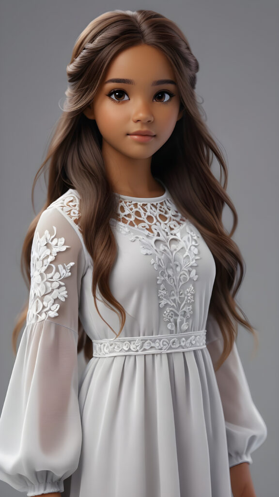 a (((super realistic and detailed)) brown-skinned teenage girl with long, soft ((hair)) and a ((white dress)), standing against a (((grey backdrop))), her features and details intricate and lifelike