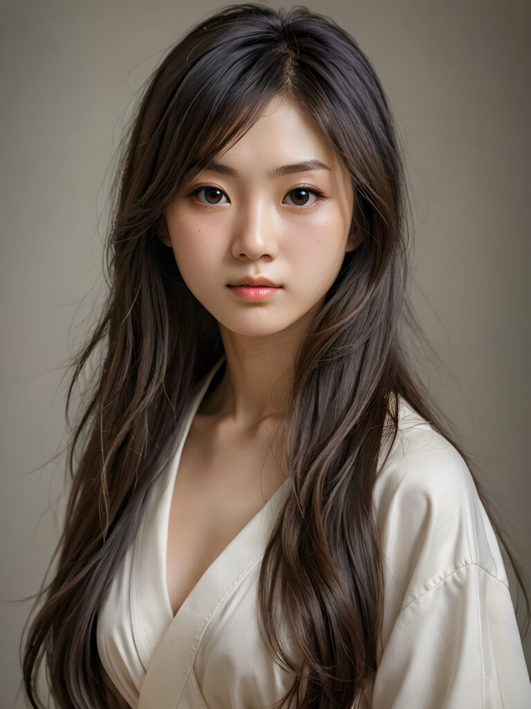 a (((super realistic, detailed portrait))), featuring a (((beautiful young Japanese girlie with long, flowing hair))), her gaze softly directed towards the viewer, perfect curved body