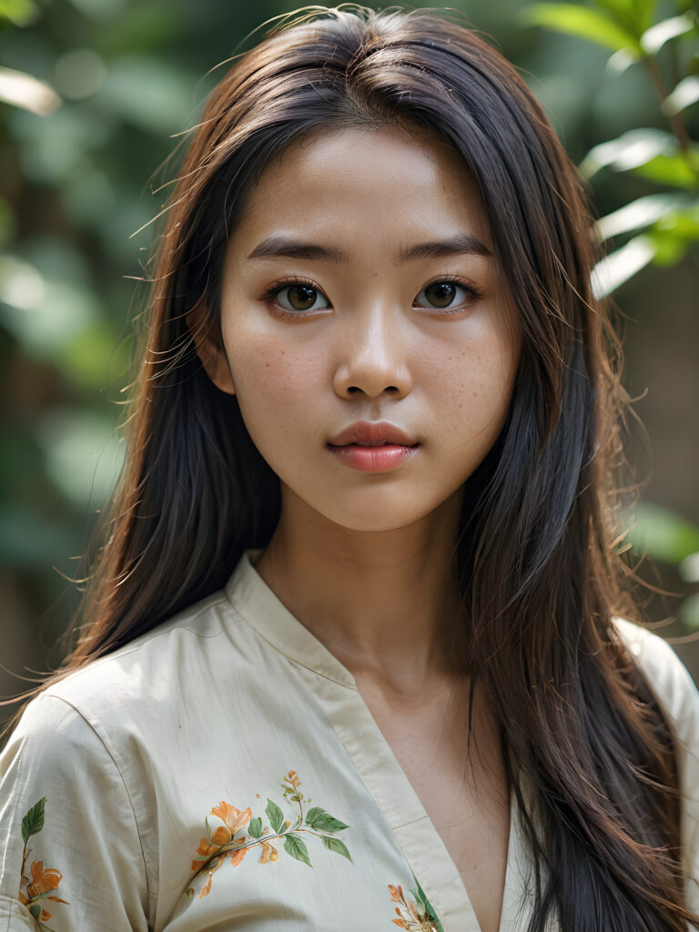 a (((super realistic, detailed portrait))), featuring a (((beautiful young Vietnamese girl with long, hair))), her gaze softly directed towards the viewer, perfect curved body
