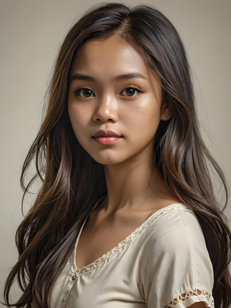 a (((super realistic, detailed portrait))), featuring a (((beautiful young Filipino girl with long, hair))), her gaze softly directed towards the viewer, perfect curved body