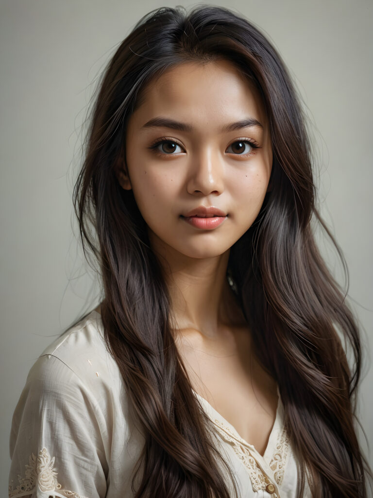 a (((super realistic, detailed portrait))), featuring a (((beautiful young Malaysian girl with long, hair))), her gaze softly directed towards the viewer, perfect curved body