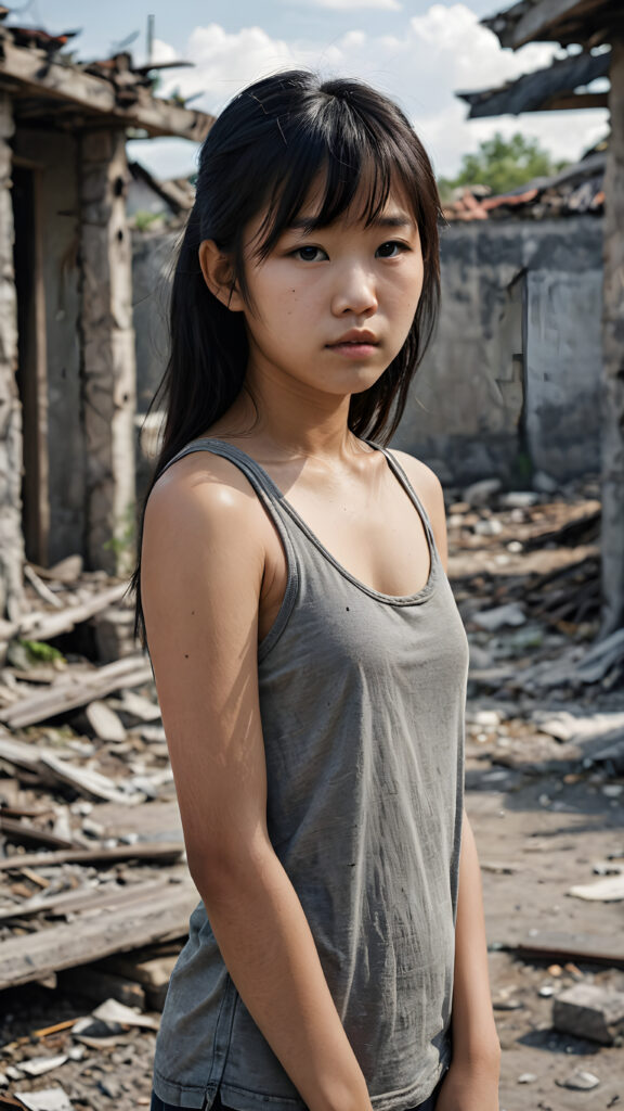 a (((super realistic image))) capturing a (((young, abandoned, sad, lonely, poor Asian teen girl, perfect curved body))) with shoulder-length disheveled obsidian hair in bangs cut, looking sadly at the viewer. She is hopelessly poor and scantly dressed in a tattered grey tank top, standing alone. Her face is dirty and she's skinny. In the background, there are realistically detailed (ruins) representing destroyed houses from war, adding a sense of desolation and despair, (bird's eye view)
