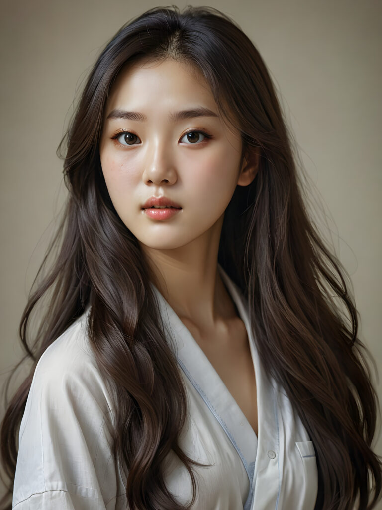 a (((super realistic, detailed portrait))), featuring a (((beautiful young Korean girl with long, hair))), her gaze softly directed towards the viewer, perfect curved body