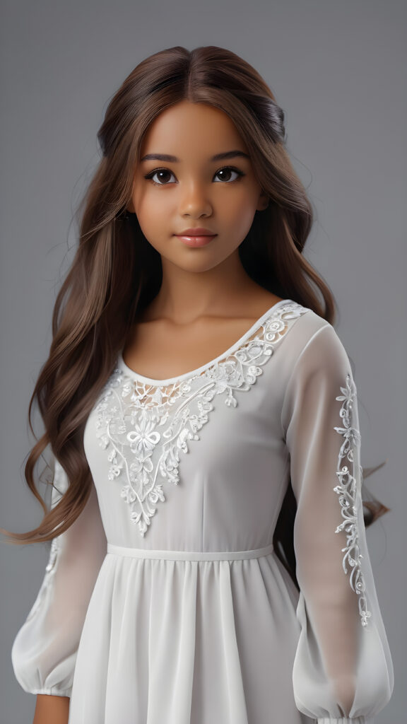 a (((super realistic and detailed)) brown-skinned teenage girl with long, soft ((hair)) and a ((white dress)), standing against a (((grey backdrop))), her features and details intricate and lifelike