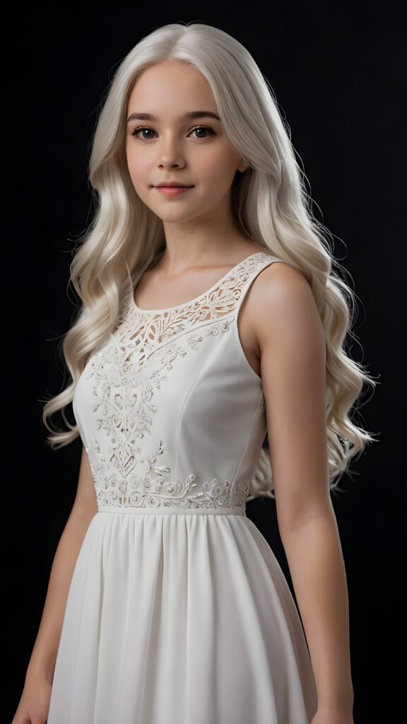 a (((super realistic and detailed)) white teenage girl with long, soft ((white hair)) and a ((white dress)), standing against a (((black backdrop))), her features and details intricate and lifelike