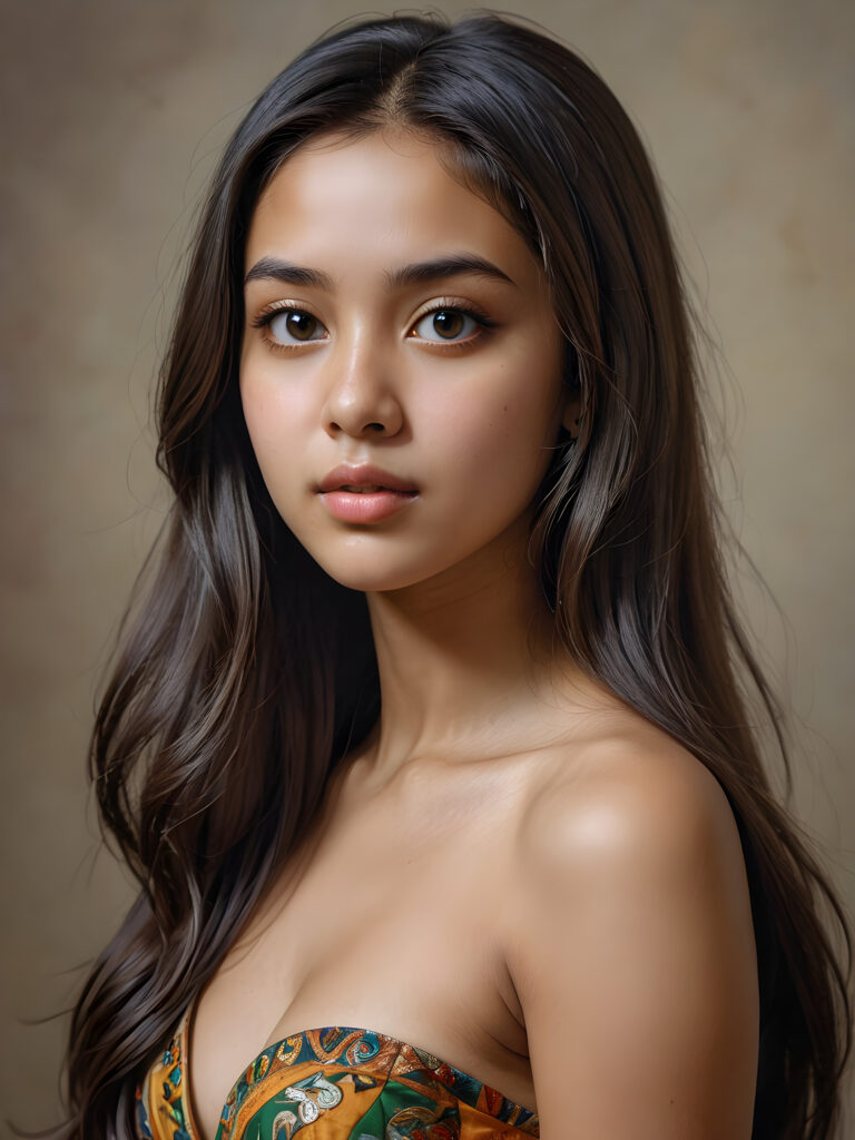 a (((super realistic, detailed portrait))), featuring a (((beautiful young Exotic girl with long, hair))), her gaze softly directed towards the viewer, perfect curved body