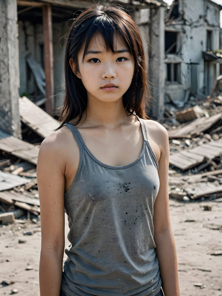 a (((super realistic image))) capturing a (((young, abandoned, sad, lonely, poor Asian teen girl, perfect curved body))) with shoulder-length disheveled obsidian hair in bangs cut, looking sadly at the viewer. She is hopelessly poor and scantly dressed in a tattered grey tank top, standing alone. Her face is dirty and she's skinny. In the background, there are realistically detailed (ruins) representing destroyed houses from war, adding a sense of desolation and despair, (bird's eye view)