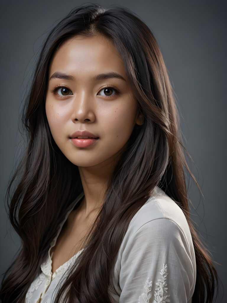 a (((super realistic, detailed portrait))), featuring a (((beautiful young Malaysian girl with long, hair))), her gaze softly directed towards the viewer, perfect curved body