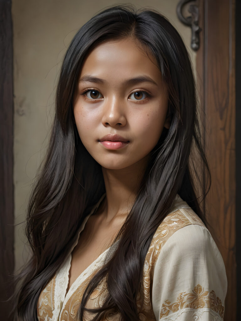 a (((super realistic, detailed portrait))), featuring a (((beautiful young Indonesian girl with long, hair))), her gaze softly directed towards the viewer, perfect curved body