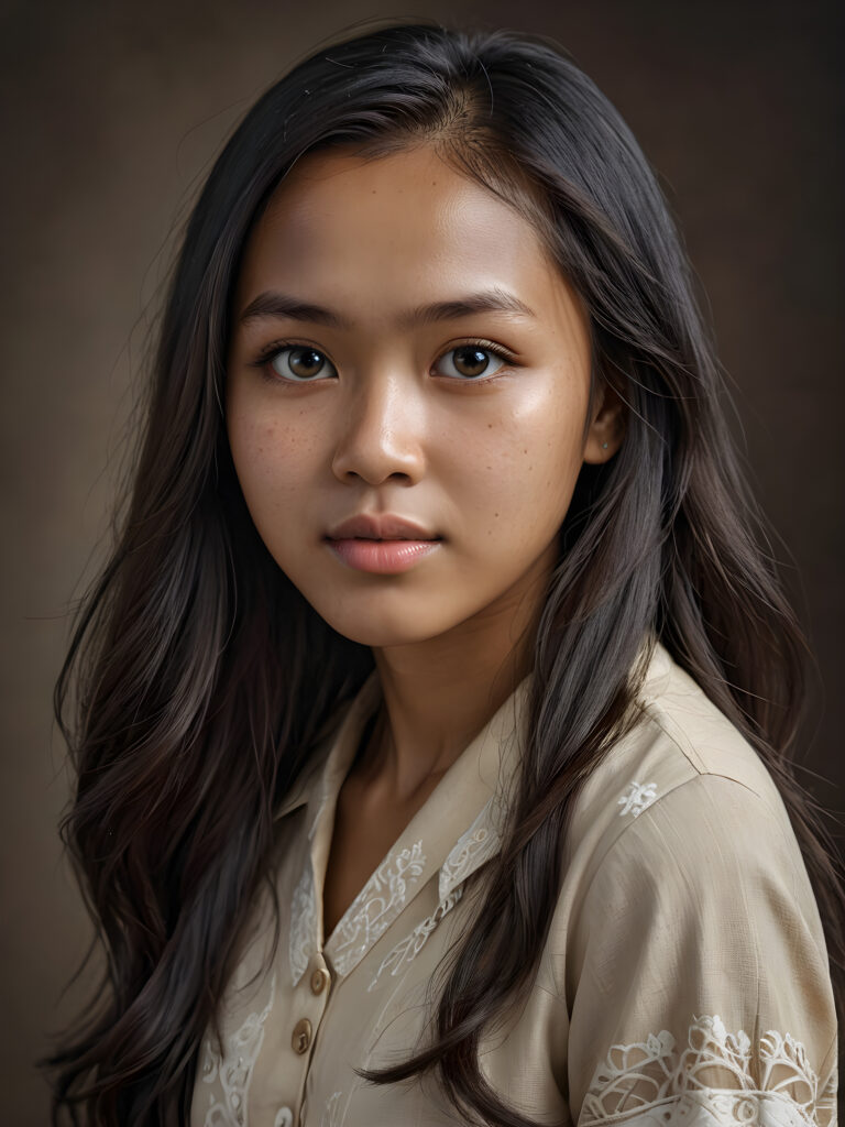 a (((super realistic, detailed portrait))), featuring a (((beautiful young Indonesian girl with long, hair))), her gaze softly directed towards the viewer, perfect curved body
