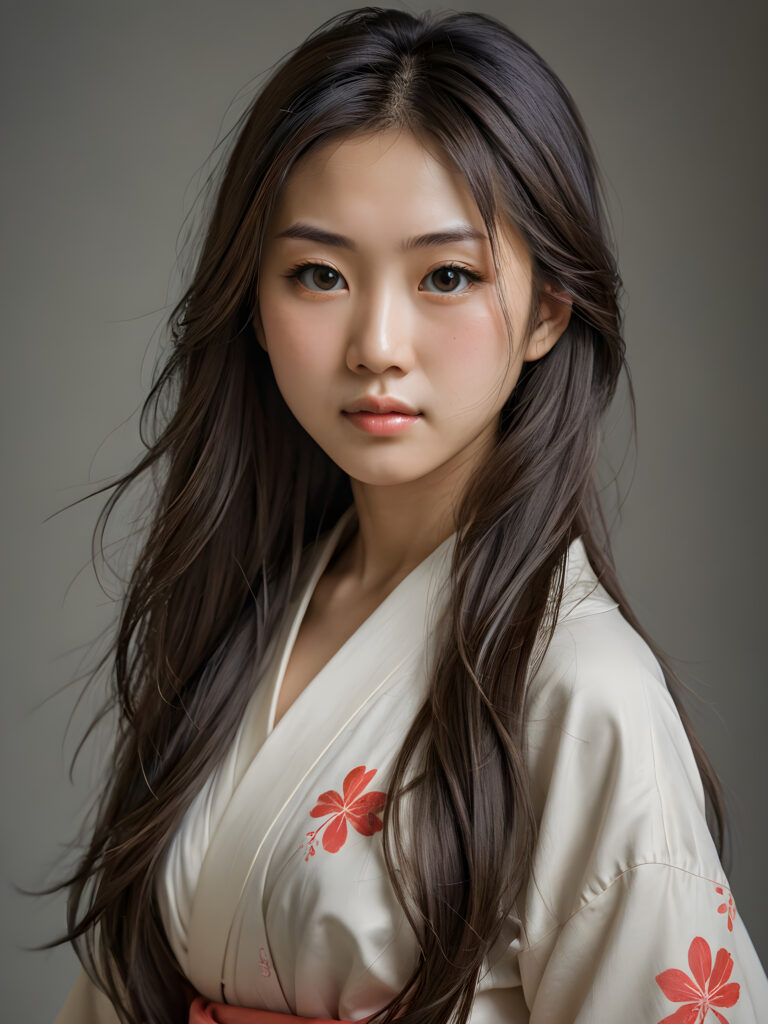 a (((super realistic, detailed portrait))), featuring a (((beautiful young Japanese girlie with long, flowing hair))), her gaze softly directed towards the viewer, perfect curved body