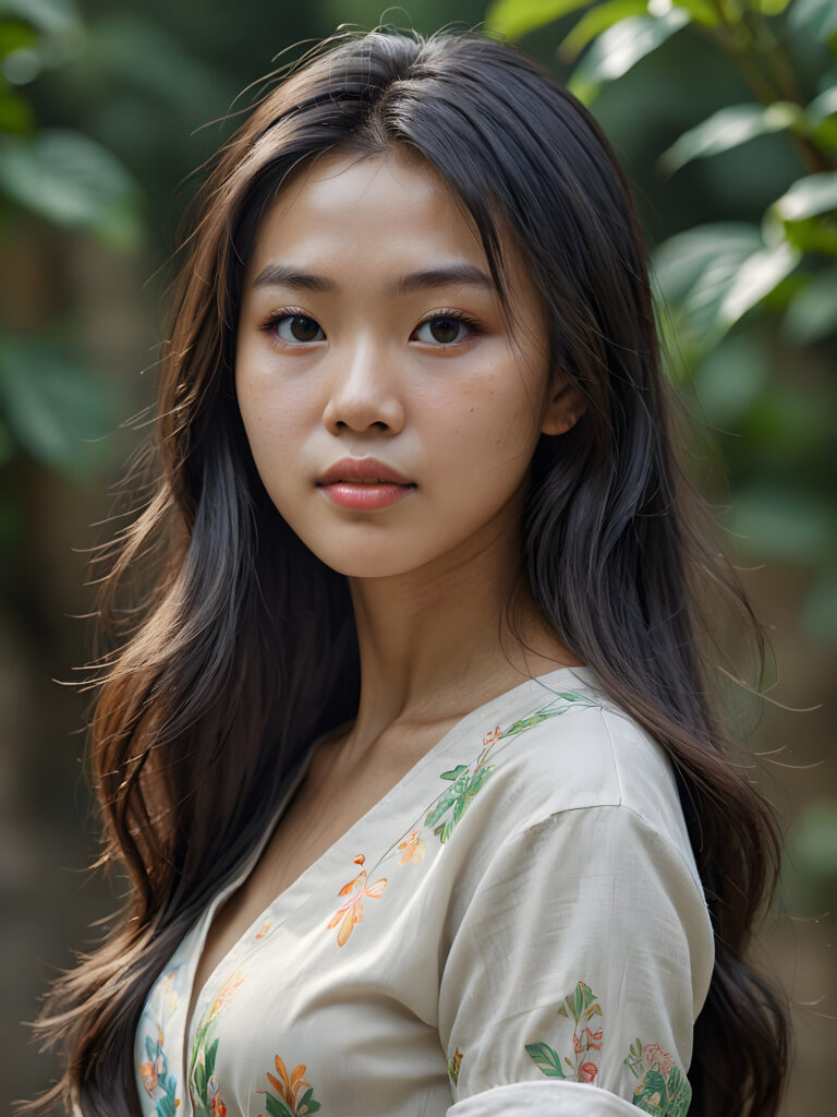 a (((super realistic, detailed portrait))), featuring a (((beautiful young Vietnamese girl with long, hair))), her gaze softly directed towards the viewer, perfect curved body