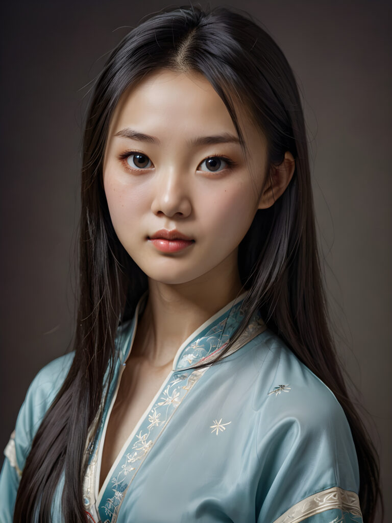 a (((super realistic, detailed portrait))), featuring a (((beautiful young Chinese girl with long, hair))), her gaze softly directed towards the viewer, perfect curved body