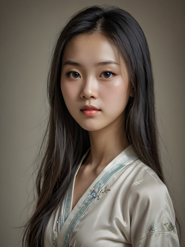 a (((super realistic, detailed portrait))), featuring a (((beautiful young Chinese girl with long, hair))), her gaze softly directed towards the viewer, perfect curved body