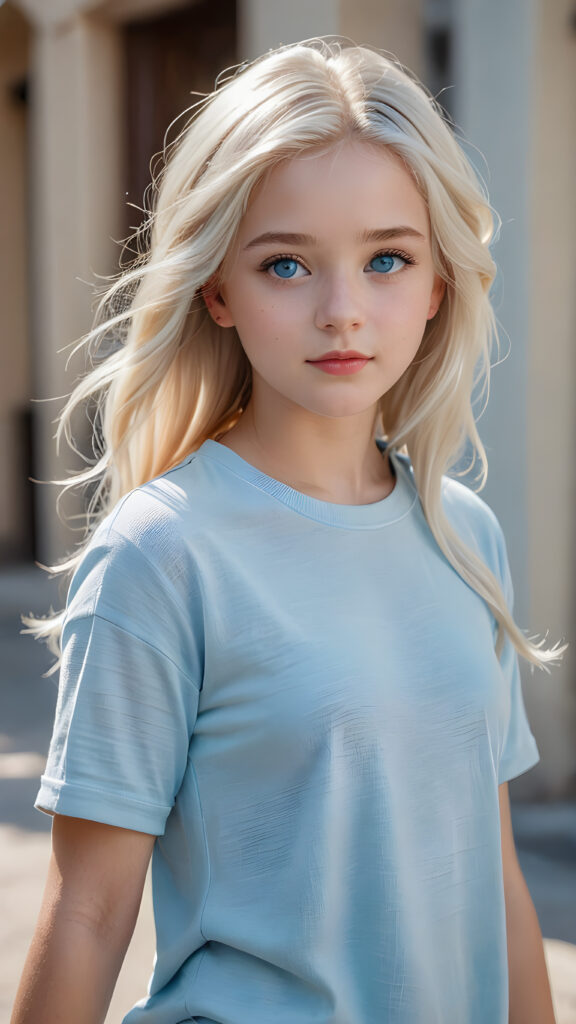 a (((super realistic and detailed full body portrait))), featuring a (((innocent girl with light white soft hair and light blue eyes))), exuding an air of sophistication and masterful artistry, wears a short t-shirt