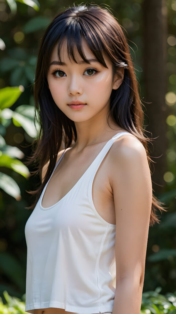 a (((super realistic 4K-detailed face))), with a perfectly curved and (((cute Japanese teen girl))) silhouette, sporting long, flowing blach bangs and dark (((eyes))), dressed in a sleek, yet playful, (((white short, tight tank top))), looking directly into the camera, in a serene and confident portrait pose