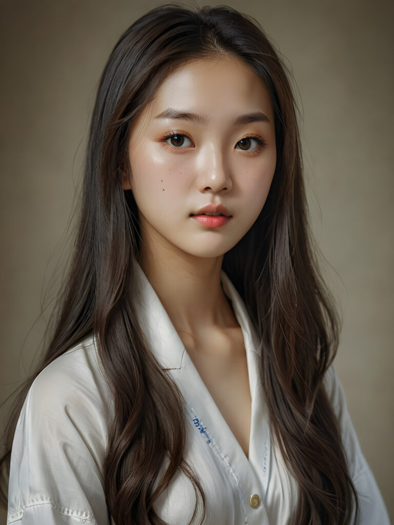 a (((super realistic, detailed portrait))), featuring a (((beautiful young Korean girl with long, hair))), her gaze softly directed towards the viewer, perfect curved body