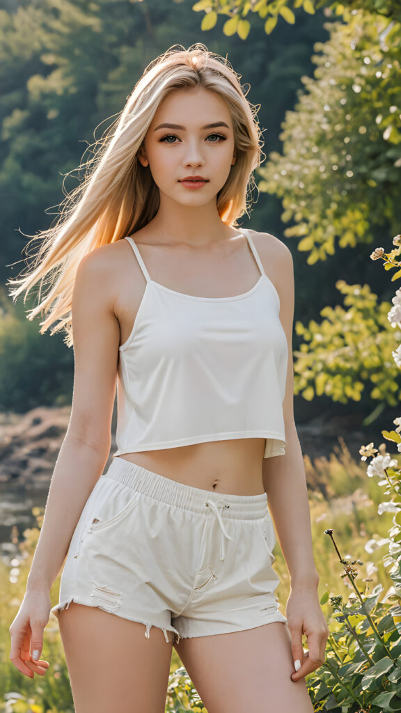 a (((super realistic and detailed full body portrait))) featuring a (((teenage girl with light blond soft long straight hair)), elegantly framed by a (((sleeveless ((white short crop top))))) and a (((tattered short pants))), with a perfect curved body (((stunningly gorgeous))), standing in a serene, natural spring landscape
