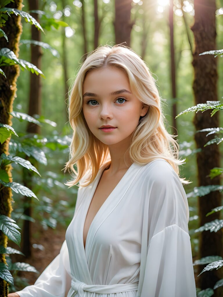 a (((sweet young girl))) in a (((mysterious forest))), where the plants emit a soft, ethereal glow that adds to the enchanting atmosphere. The girl wears a (((white, thin robe))), her blonde hair fluttering in the gentle breeze