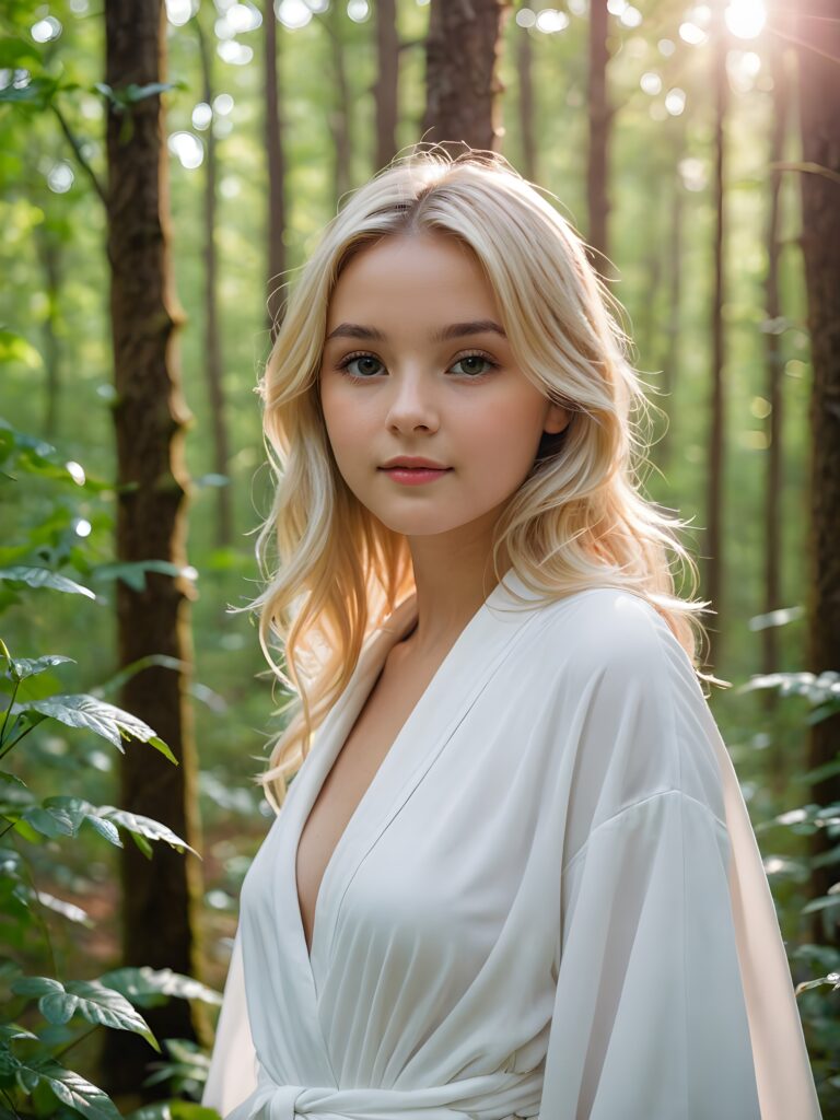 a (((sweet young girl))) in a (((mysterious forest))), where the plants emit a soft, ethereal glow that adds to the enchanting atmosphere. The girl wears a (((white, thin robe))), her blonde hair fluttering in the gentle breeze
