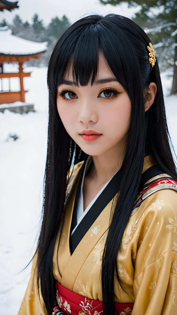 a (((teen Japanese emo girl with long, soft obsidian hair in bangs cut, amber eyes, full lips, she looks seductively at the viewer))), dressed in a (((traditional clothing))), set against a fantastical, snow-covered landscape that exudes a whimsically enchanting atmosphere