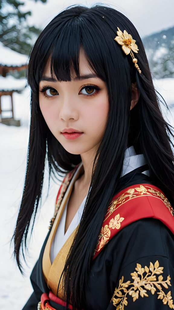 a (((teen Japanese emo girl with long, soft obsidian hair in bangs cut, amber eyes, full lips, she looks seductively at the viewer))), dressed in a (((traditional clothing))), set against a fantastical, snow-covered landscape that exudes a whimsically enchanting atmosphere