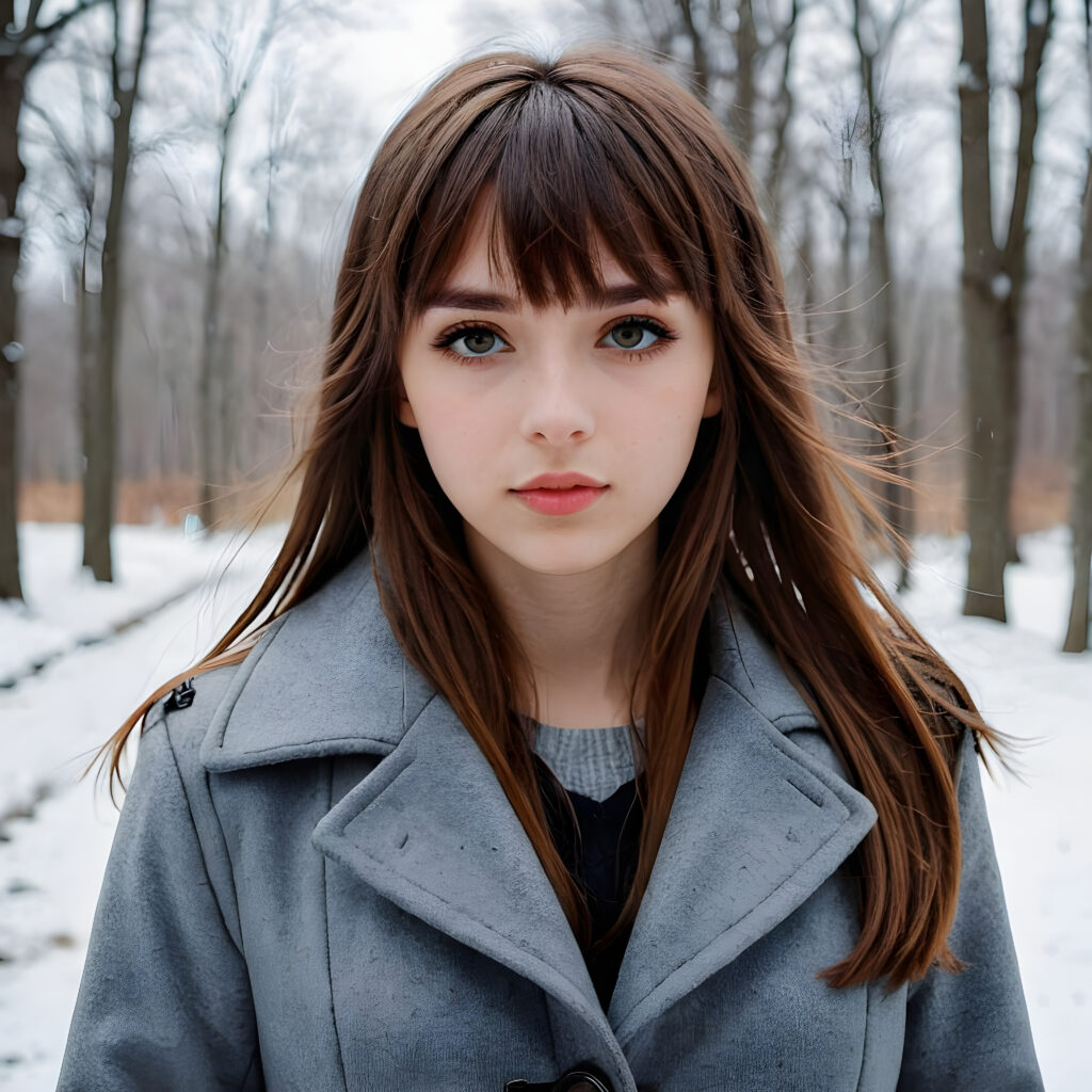 a (((teen emo girl with long, soft brown hair in bangs cut, amber eyes, full lips, she looks seductively at the viewer))), dressed in a (((grey winter coat))), set against a fantastical, snow-covered landscape that exudes a whimsically enchanting atmosphere
