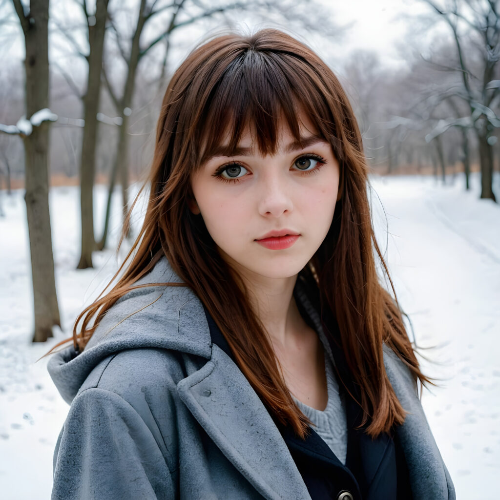a (((teen emo girl with long, soft brown hair in bangs cut, amber eyes, full lips, she looks seductively at the viewer))), dressed in a (((grey winter coat))), set against a fantastical, snow-covered landscape that exudes a whimsically enchanting atmosphere