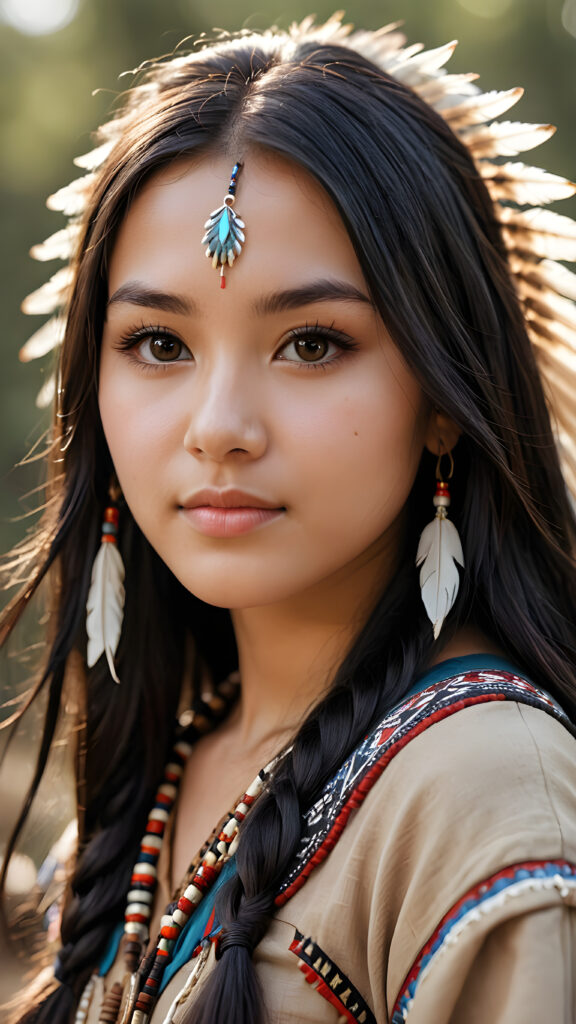 a (((teen girl))) with long, luxurious obsidian hair and softly arched eyebrows, framing piercingly beautiful, soft dressed, ((light brown eyes)), ((she wears a female native american clothing style))