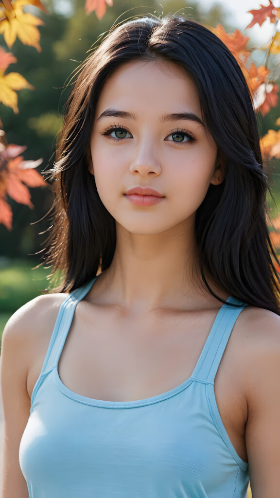 a (((teen girl))) with long, luxurious black hair and softly arched eyebrows, framing piercingly beautiful, light blue eyes. Her full lips are contrasted by a (((modern fall-collared tank top))), which complements her advanced yet timeless style