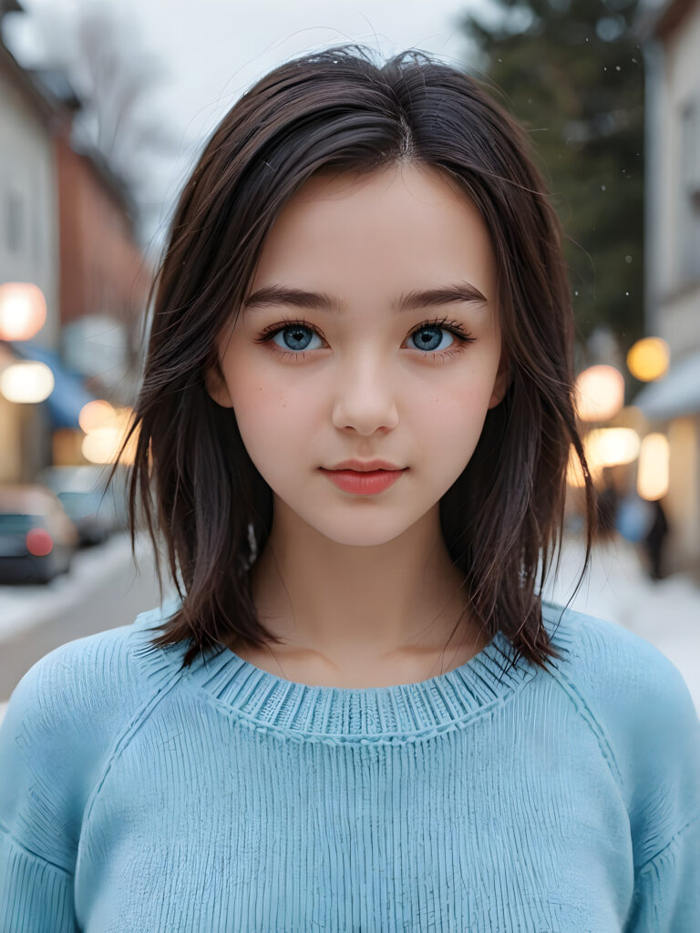 a ((teen girl)), her hair is black and with long straight haircut, full lips, soft outfit, light blue eyes, she wears a wool sweater, 4k, realistic and detailed photo