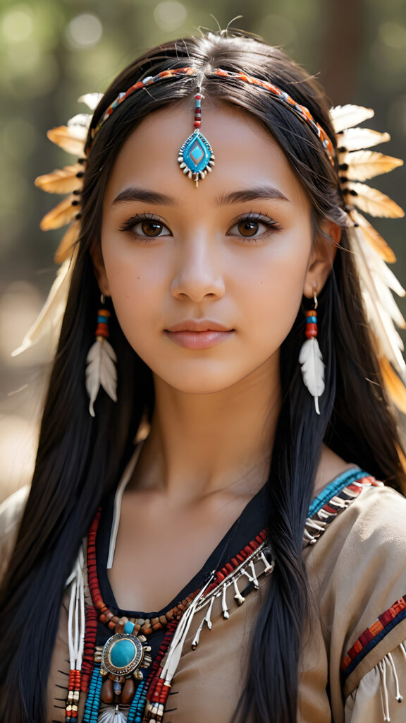 a (((teen girl))) with long, luxurious obsidian hair and softly arched eyebrows, framing piercingly beautiful, soft dressed, ((light brown eyes)), ((she wears a female native american clothing style))