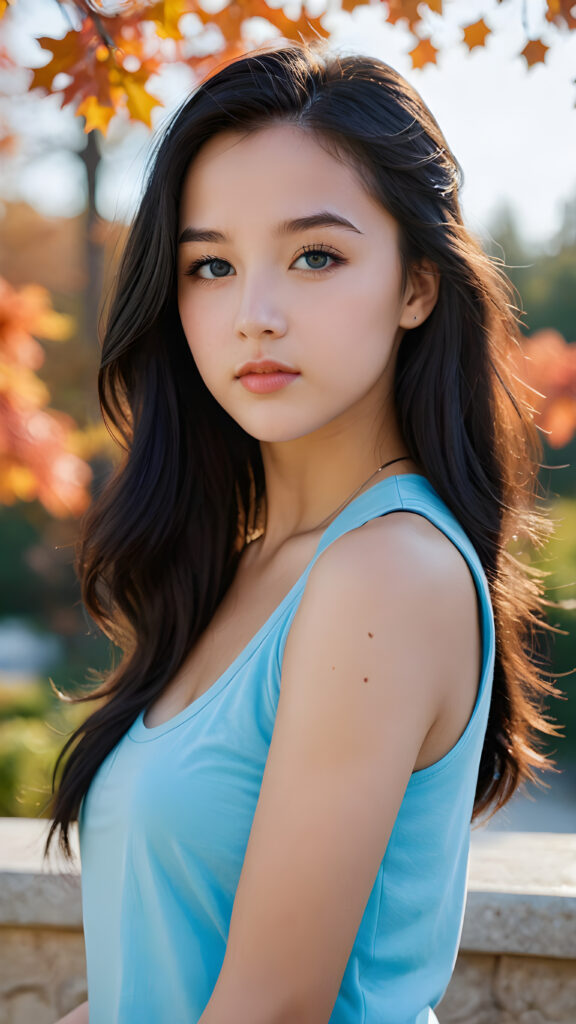 a (((teen girl))) with long, luxurious black hair and softly arched eyebrows, framing piercingly beautiful, light blue eyes. Her full lips are contrasted by a (((modern fall-collared tank top))), which complements her advanced yet timeless style