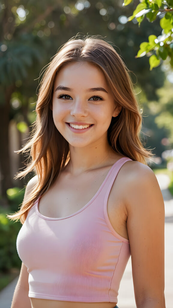 a (((teen girl))) with a joyful and sunny smile, wearing a sleek and fitted short crop pink tank top that showcases her perfect, curves, captured in a (((flawless portrait))), with long, flowing, straight hazelnut hair cascading down