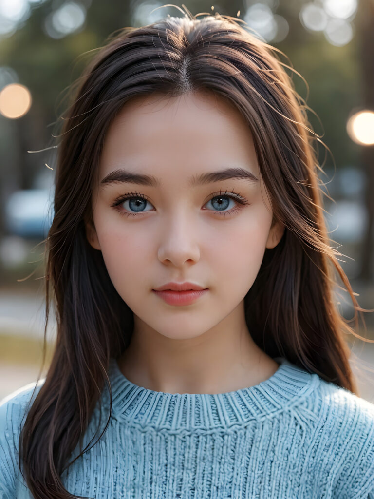 a ((teen girl)), her hair is black and with long straight haircut, full lips, soft outfit, light blue eyes, she wears a wool sweater, 4k, realistic and detailed photo