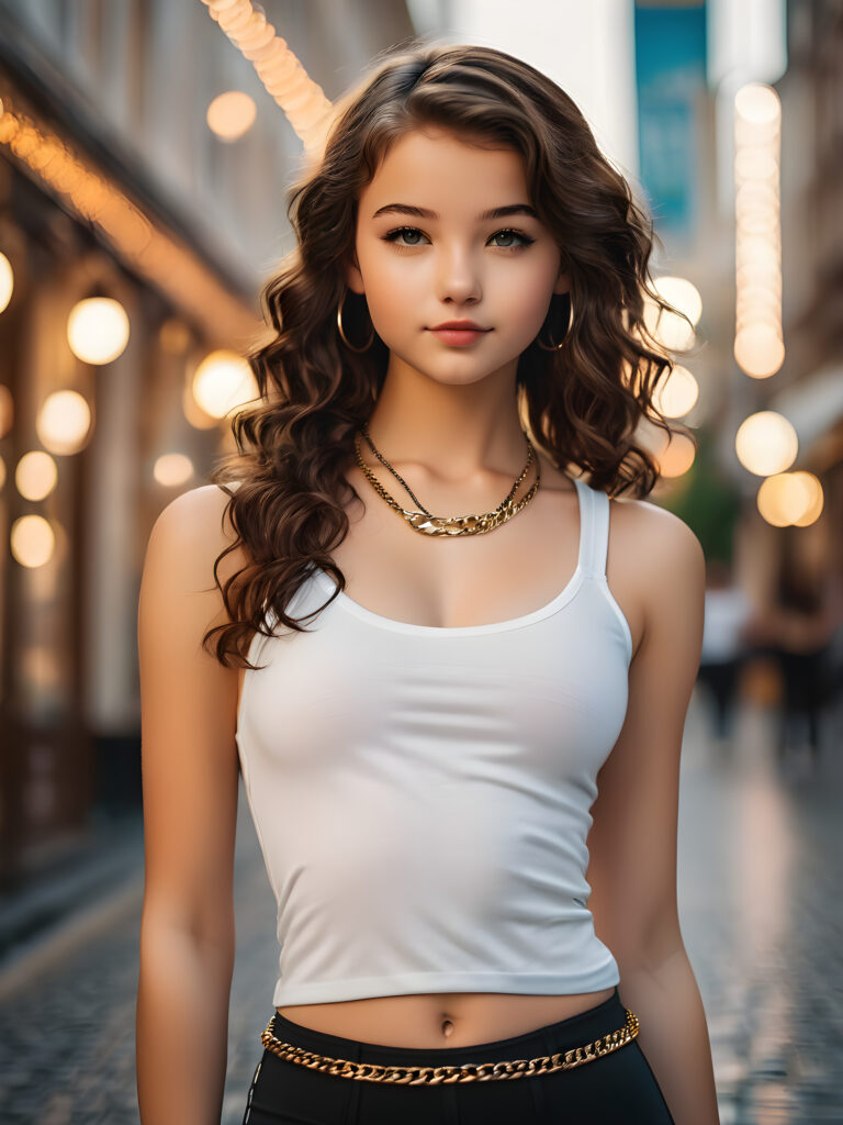 a teen girl in white tank top and small chain around her neck and black tights posing for the camera ((stunning)) ((gorgeous)) ((detailed)) ((perfect curved body))