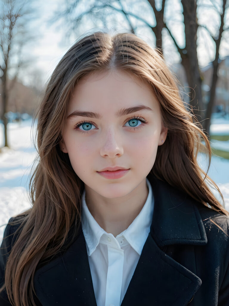 a teen girl is falling in love, ((perfect, detailed portrait)), she has long brown hair, ((light blue eyes)), wears a black coat