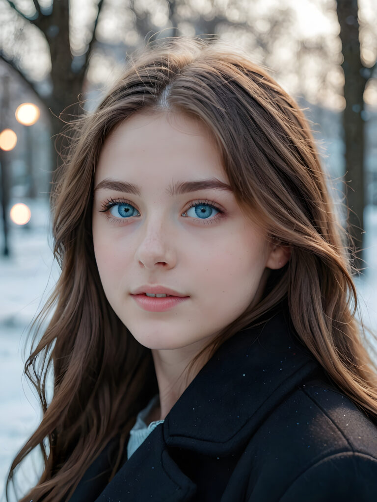 a teen girl is falling in love, ((perfect, detailed portrait)), she has long brown hair, ((light blue eyes)), wears a black coat